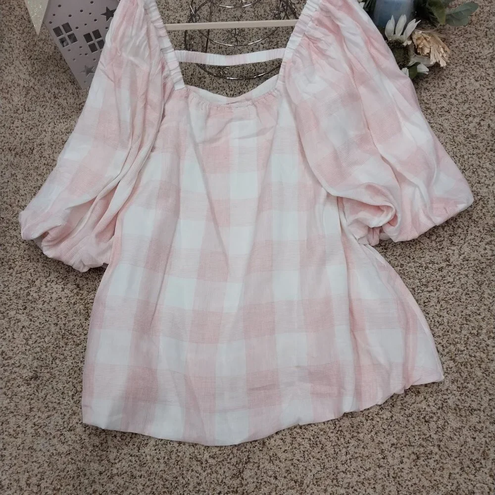 3503 Size Large POL Puff Sleeve Cream and Pink Lined Dress. NWT - Picture 6 of 9